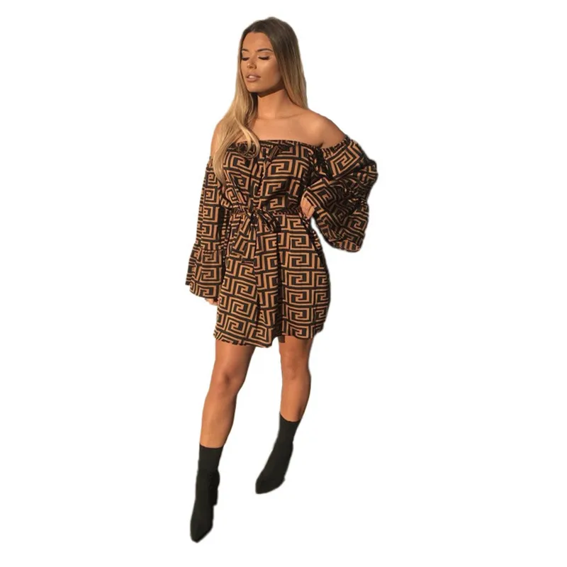 CN975 женское коричневое модное сексуальное платье с открытыми плечами уличные