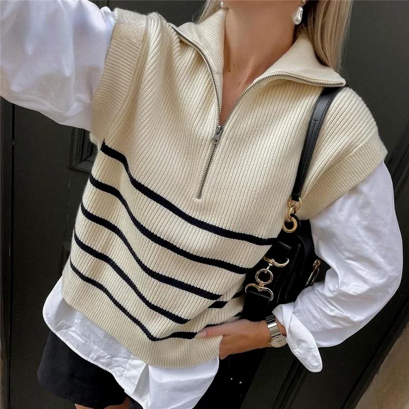 

Beige Black Striped Sweater Vest Za Women Fashion Autumn Spring Turn Down Collar Zipper Casual Femme Pull Sans Manches Femme New