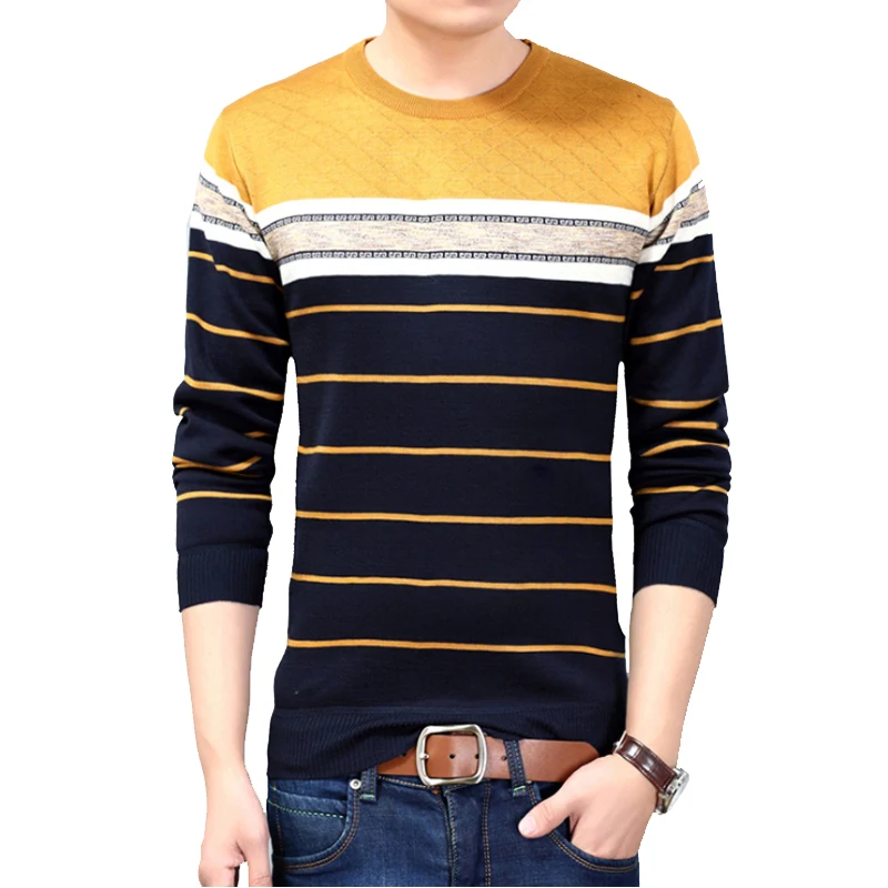 2020 осенний повседневный мужской свитер с круглым вырезом в полоску облегающий