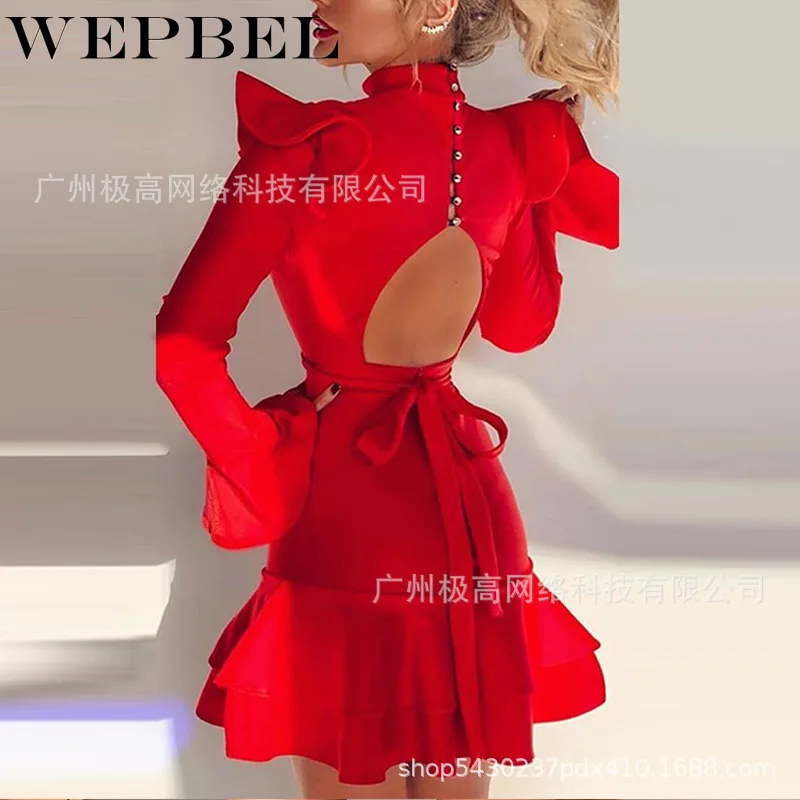 

Осеннее сексуальное платье WEPBEL с расклешенными рукавами, воротником-стойкой, вышивкой и высокой талией, женское элегантное однотонное плат...