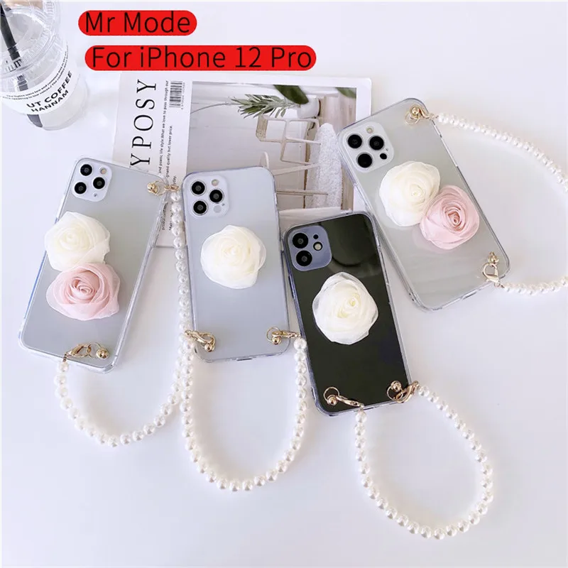 

Fashion Pearl Bracelet 3D Flowers Phone Case Acrylic Hard Shell For iPhone 12 11 Pro XS Max XR X SE 2 8 7 Plus Protective Cover