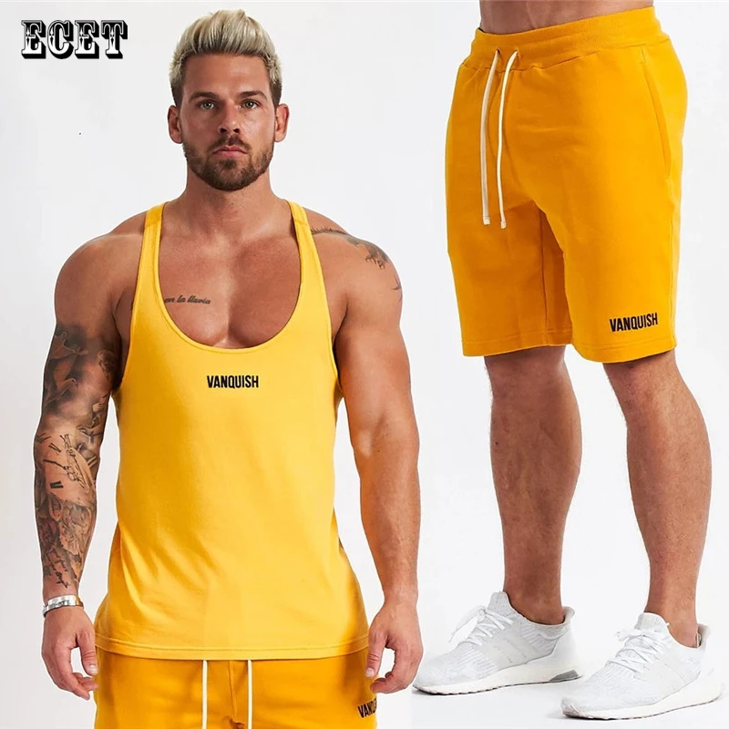 

Summer fitness men's suit jogger cotton sling racer vest embroidered fashion casual shorts five-point pants brand men's clothing