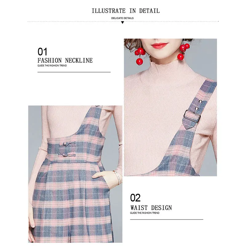 

spring clothes for women temperament long-sleeved knitted top strap wide-leg pants trousers plaid two-piece women's clothing