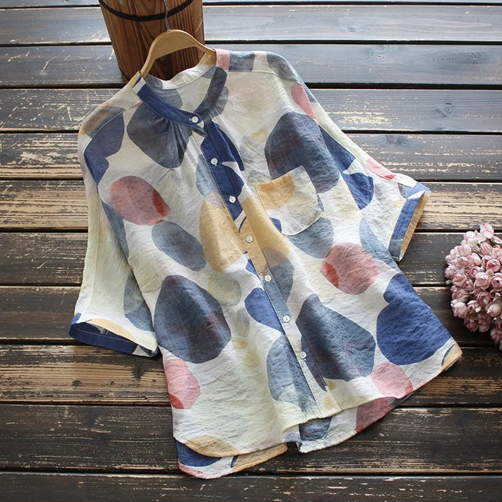 

Cotton Summer New Style Women's Blouse Korean Loose Short-sleeved Shirt Stand-up Collar Printed Shirt Woman Tops Blouse