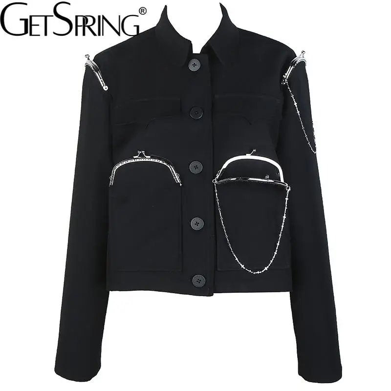 

GetSpring Женское пальто ретро с металлической пряжкой короткая женская куртка с несколькими карманами модные Универсальные винтажные женские...