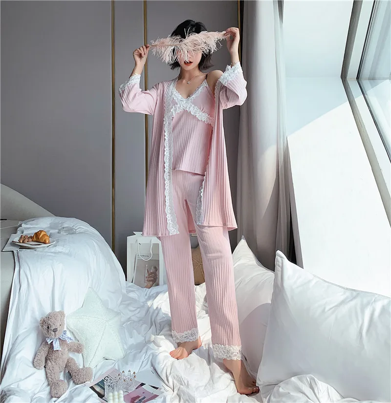 3 Pcs Winter New Long Sleeve Pure Cotton Pajama Set Lace Sexy V Lead Spaghetti Strap With Belt Cardigan Bathrobe | Женская одежда