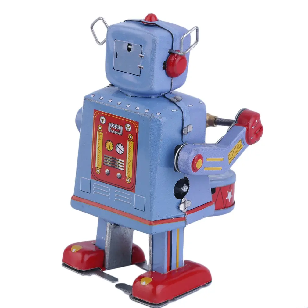 

Hot Vintage Metal Tin Drumming Robot Clockwork Wind Up Tin Toy Collectible Worldwide Sale