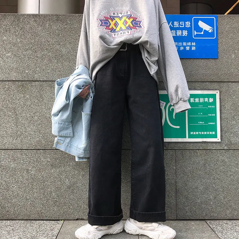 

HOUZHOU Black Vintage Wide Leg Jeans Women Autumn Winter Thick Harajuku Grunge High Waist Denim Pants Retro Trousers Streetwear
