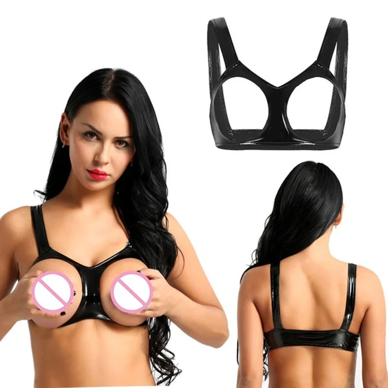 

Fashion Sexy Womens Ladies Pole Clubwear Dance Tops Wetlook Faux Leather Sleeveless Open Cups Bra Underwear Vest Tank Crop Tops