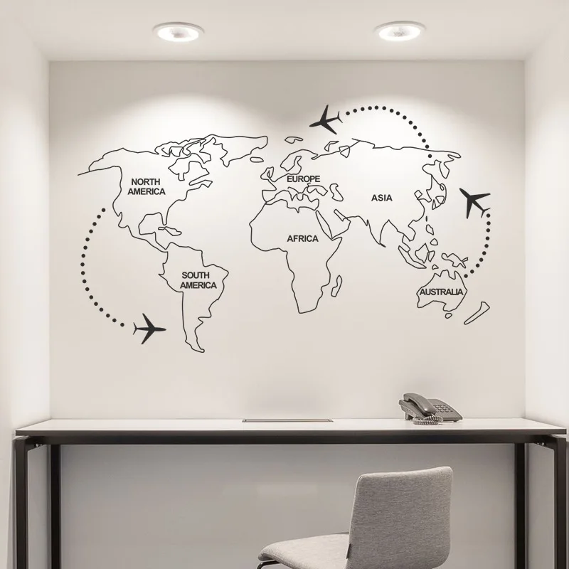 

Hot Sale Pure Black World Map Wall Sticker Minimalist Seven Continents Land Plate Wallpaper for Bedroom TV Background Wall Mural