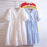 free shipping high quality 34 sleeve 2021 cotton embroidery summer long mid calf white dress japan style loose v neck dresses