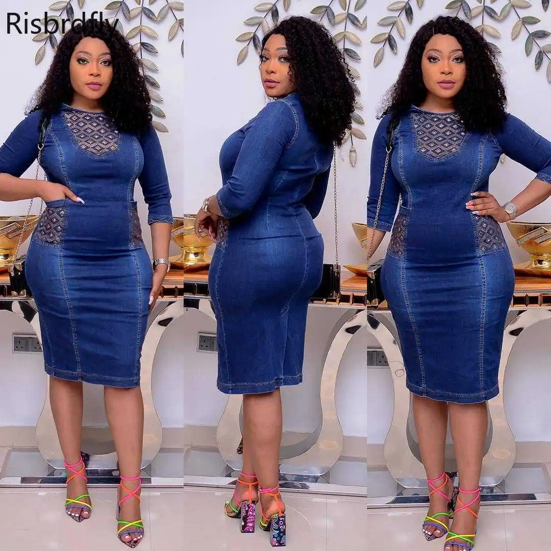 

2021 Summer Sexy African Women O-neck Jeans Plus Size Knee-length Dress African Dresses for Women African Clothes 2XL-5XL