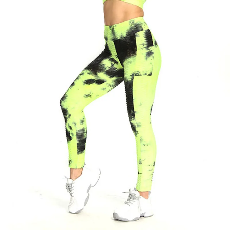 

2020 new sports fitness ink tie dye jacquard side pocket yoga pants