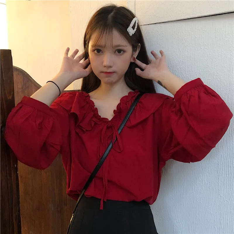 Женская одежда с бантом однотонная гофрированная рукавами-фонариками милый