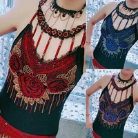 bling rhinestone vest rose flowers pattern female high elastic halter cotton sexy colorful decorative all match sling vest