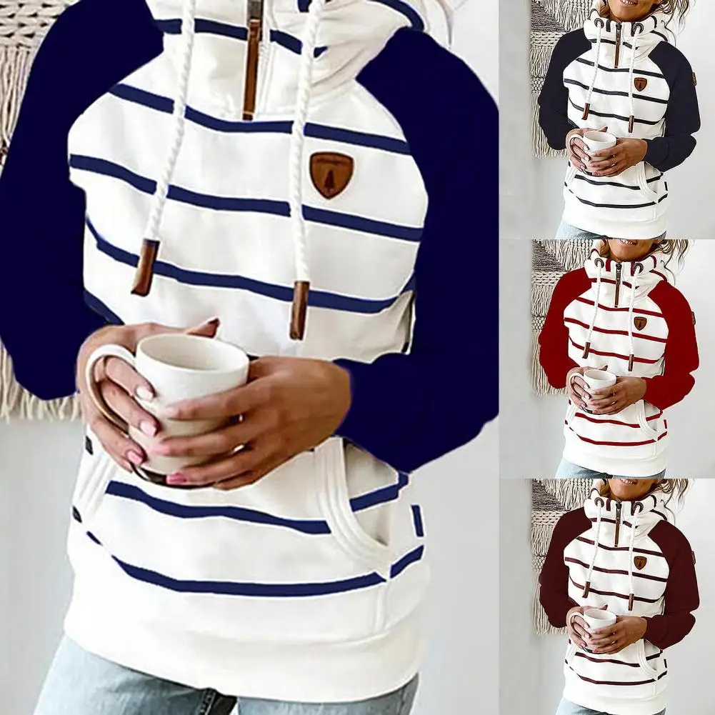 Casual Women Hoodie Pullover Stripe Chic Cotton Blend Ladies Warm Oversize Hooded Sweatshirts Women for Daily Top Women 2021