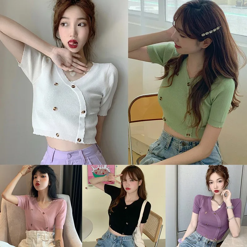 

Women's Knitted T-shirt Summer Solid Color Sexy V Neck Short Sleeve Fashion Tee Girls Button Slim T Shirt M