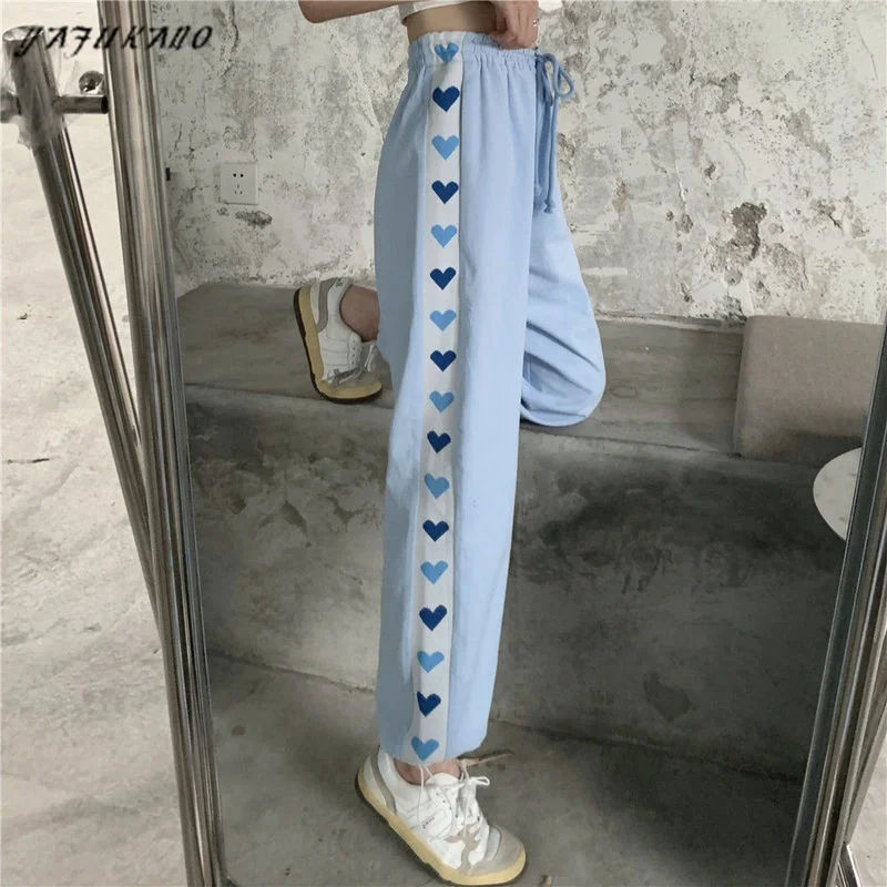 

Женские спортивные штаны Kawaii, весна-лето 2021, модные милые джоггеры с принтом, женские синие свободные брюки с высокой талией