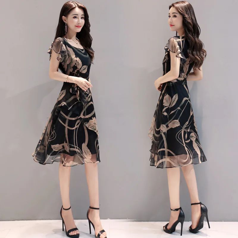 2019 летнее женское повседневное шифоновое платье с принтом большого размера для