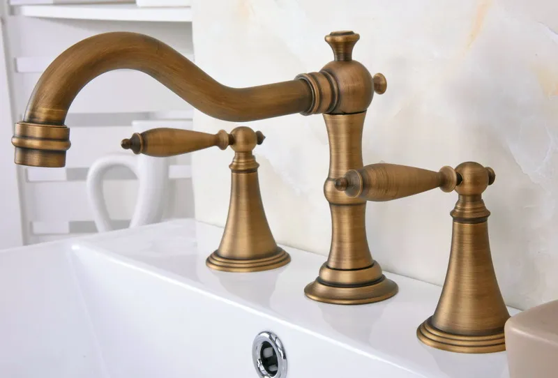 Винтажный античный латунный смеситель с двумя ручками man087 для раковины 3