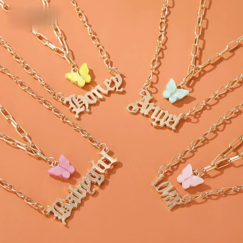

European and American Double Acrylic Butterfly Necklace Fashion Letter Angel Pendant Babygirl English Letter Necklace