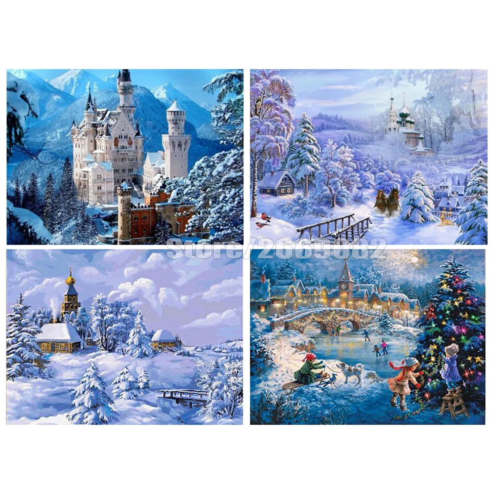 

Алмазная живопись Стразы TT1527, мозаика с Зимним Пейзажем, вышивка бисером, украшение для дома