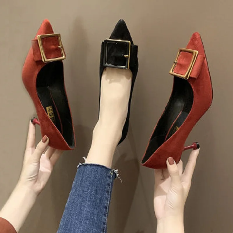 

2020 spring new ladies fashion high heels wild comfortable shallow mouth square buckle pointed toe thin women's shoes