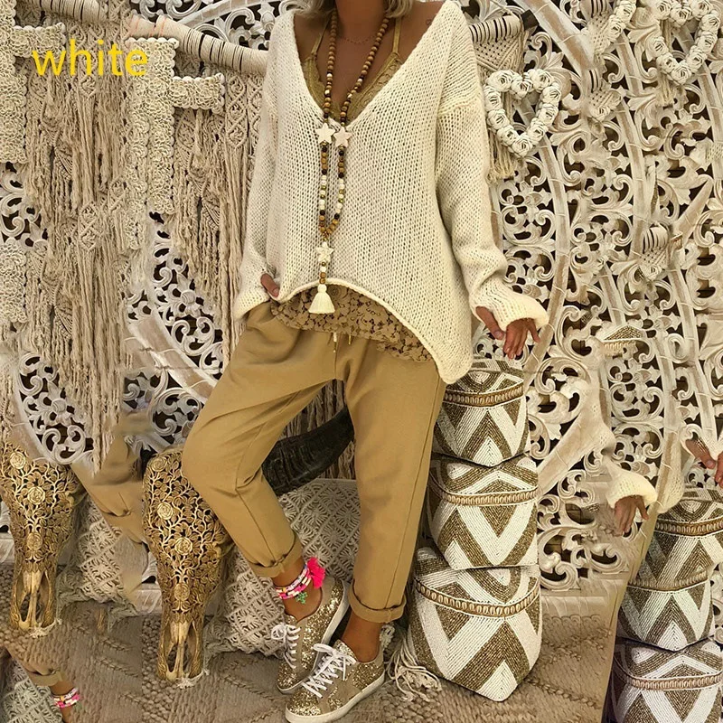 Новый плюс размер женский пуловер V шеи свободный свитер неравномерной длины