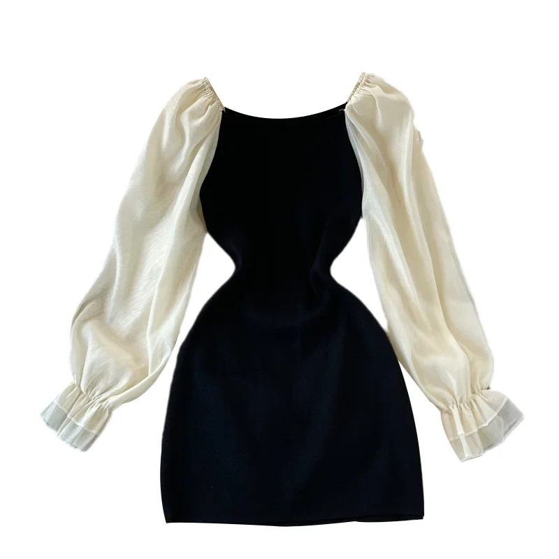 

Autumn 2021 stitched bubble long sleeve high waist thin fake two-piece square neck knitted Hip Wrap Dress