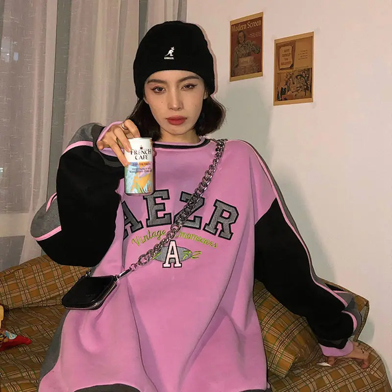 

pullover loose and thin contrast color hoodie women's sweatshirt oversized women's top coat 2021 new Korean version of Harajuku