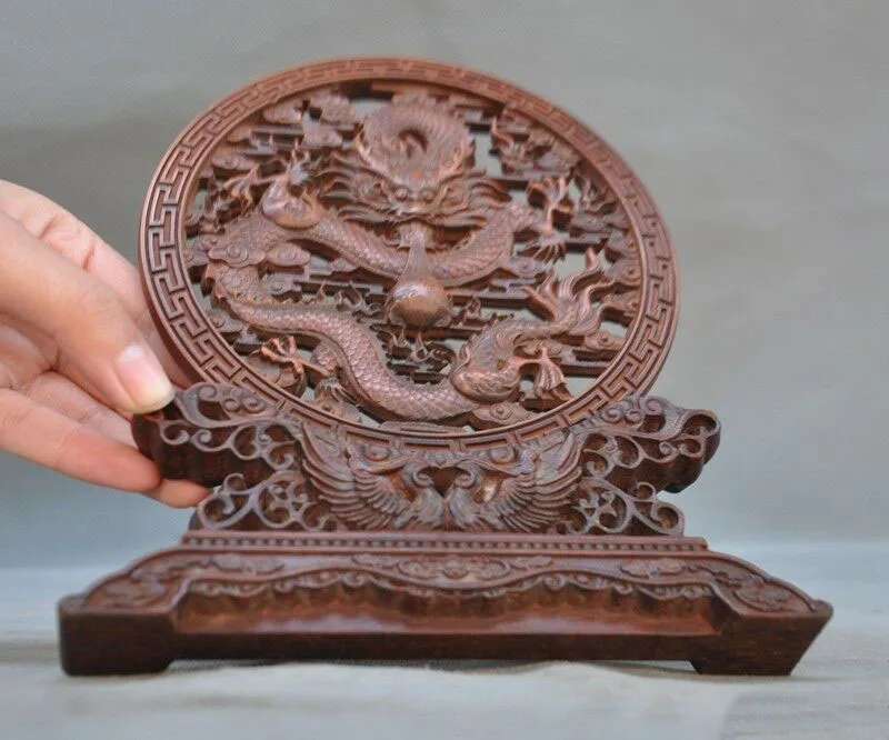 

wedding decoration Old Chinese Boxwood wood Hand carved Auspicious Dragon bird Screen Byobu Statue