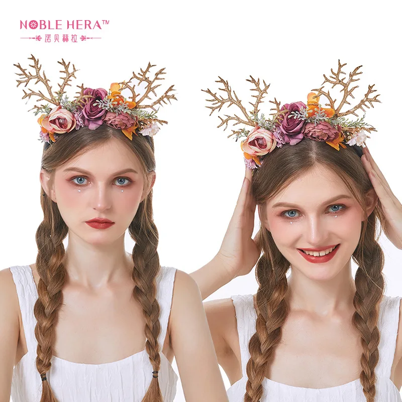 

New Mori Antlers Headband Elk Christmas Easter Headdress Simulation Branch Flowers Adult Children Headband Hair Accessories
