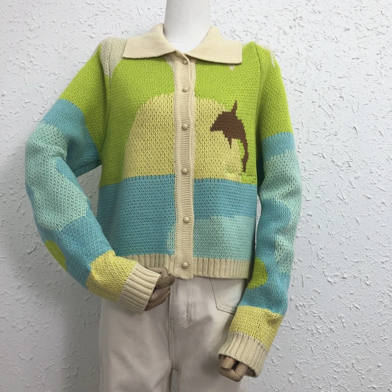 

Джемпер, сезон осень-зима 2021, Женский вязаный свитер в пасторальном стиле с принтом дельфина, женский свободный кардиган, повседневное шика...