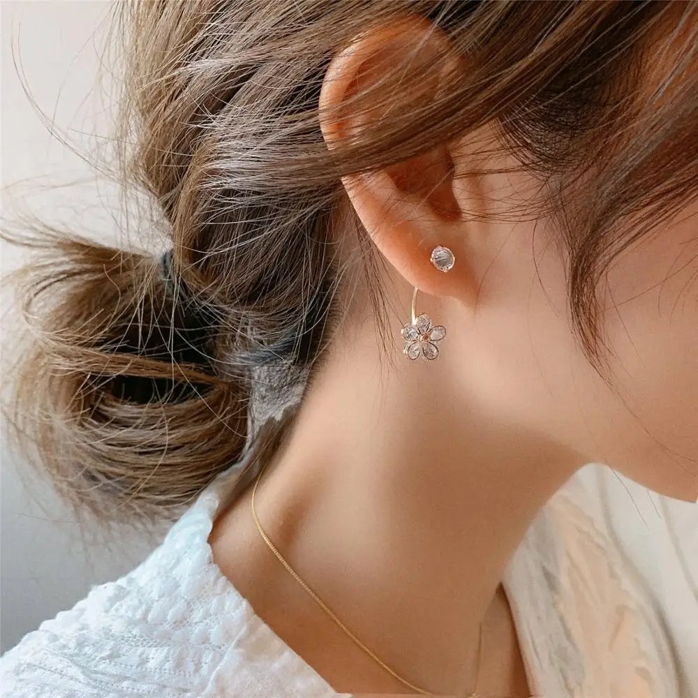 

Front and rear zircon flower earrings simple temperament web celebrity earrings female fashion light luxury earrings