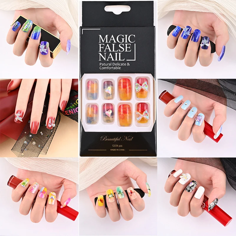 

24PCS Nails Art Nail Tips Press on False with Designs Set Full Cover Artificial Short Packaging Kiss Display Clear Tipsy Stick