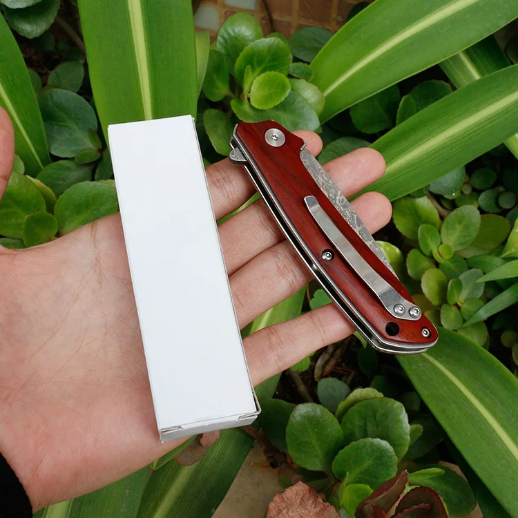 

Damascus folding knife red sandalwood handle outdoor tool camping survive high hardness gift knives