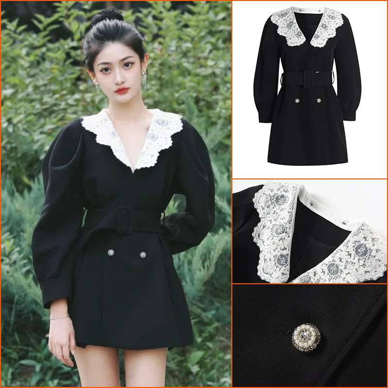 

Женское винтажное платье выше колена, кружевное платье с V-образным вырезом и рукавами-фонариками, весна 2019