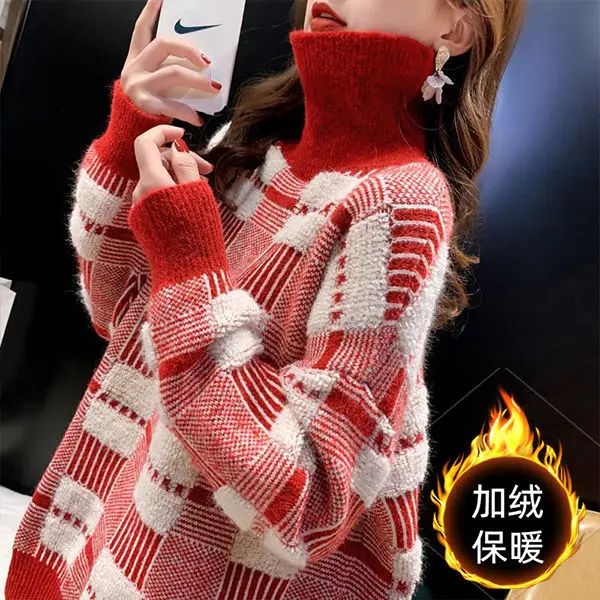 

2021 Autumn and Winter Korean Style High Collar Loose Plaid Sweater for Women Pullover Lazy Padded Top