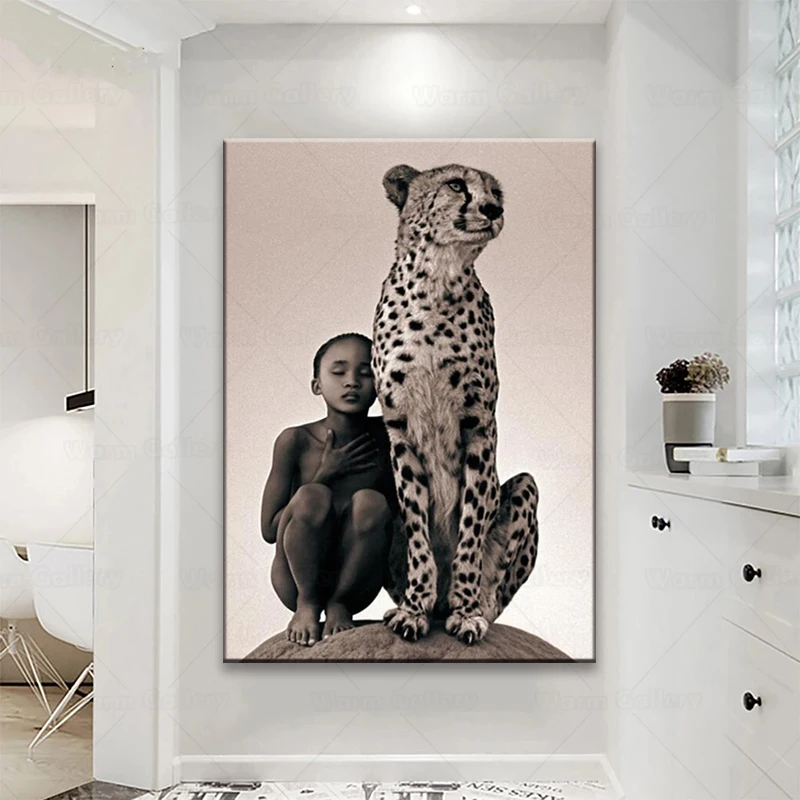 Картина на холсте мальчик и Гепард дикая африканская фотография Настенная