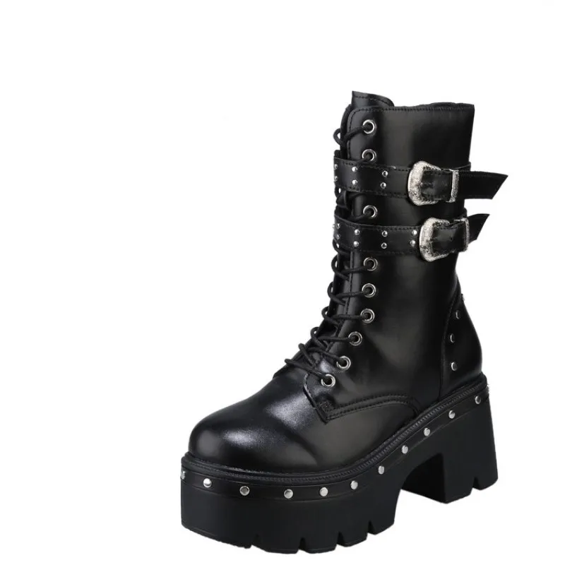 

Женские ботинки на квадратном каблуке, готические брендовые высокие ботинки до бедра, черные кожаные ботинки мартинсы с пряжкой на толстой ...