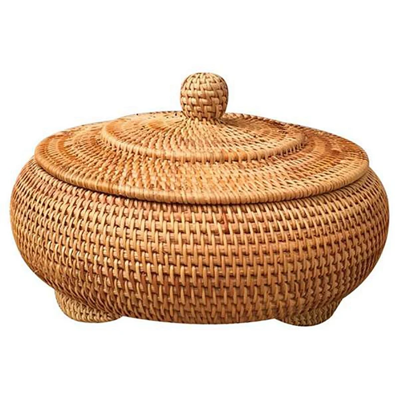 

Hot YO-Storage Basket Hand-Woven Rattan Woven With Cover Round Primary Color Chinese Jewelry Snacks Tea Set Storage Case
