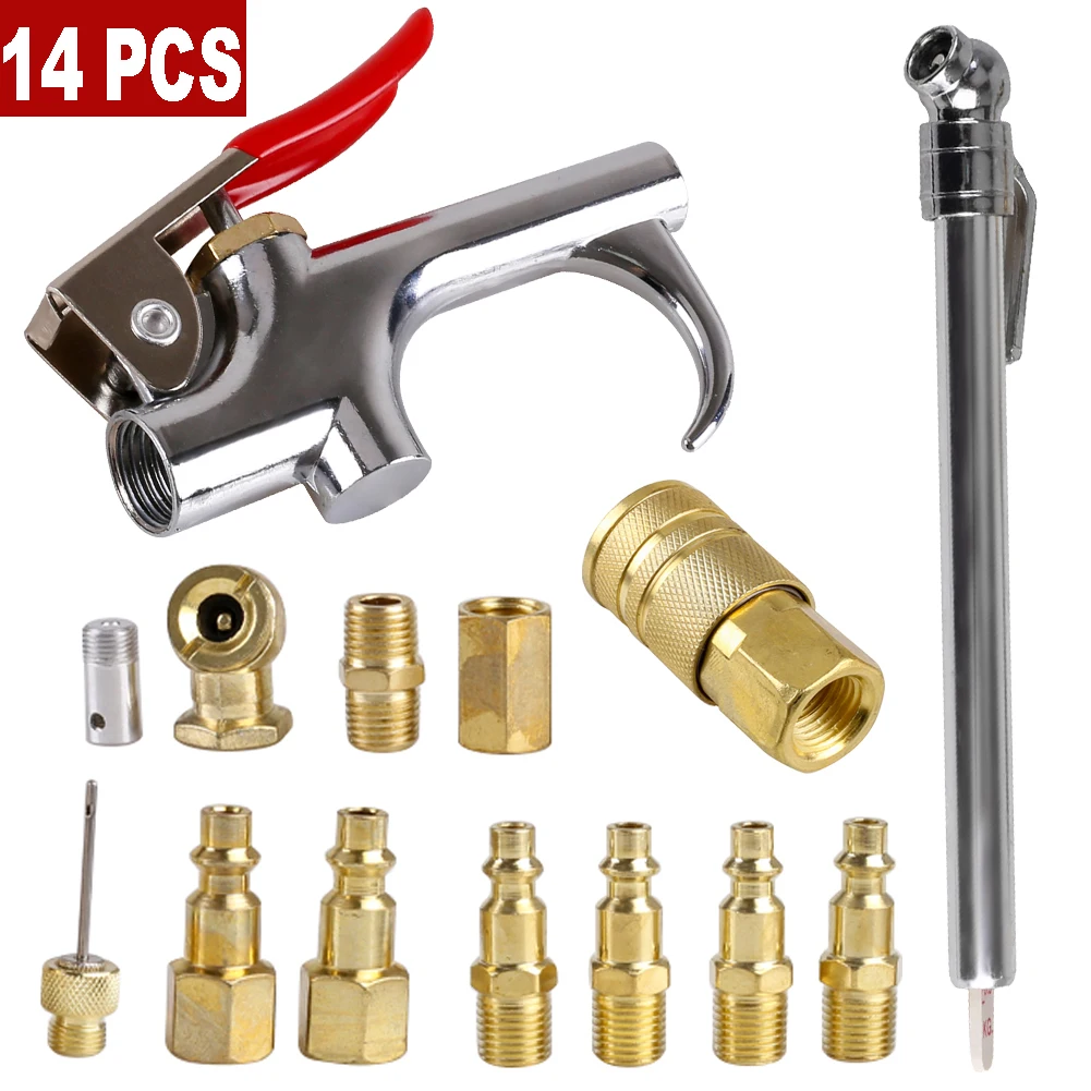 14Pcs Dust Removing Gun Air Blow Guns Compressor Nozzle Pneumatic Blowing Dust Tool Accessory Kit 1/4 Quick Coupler and Plug 9m length air blowing gun blowing gun set for vehicle air compressor pneumatic quick coupler connector socket fitting