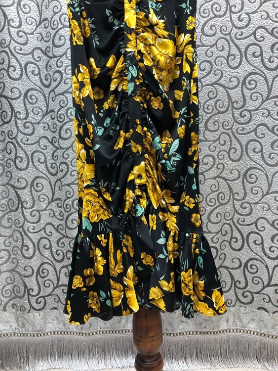 

Party 2021 Novia Summer Fashion Party Club Women V-Neck Yellow Floral Print Button Front Short Sleeve Midi Sexy Mermaid Dress