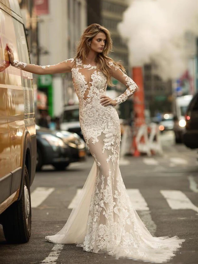 

Sexy Illusion Lace Wedding Dress Open Back See Through Bodice Backless Mermaid Bridal Gown vestidos de novia 2020 Modern Design
