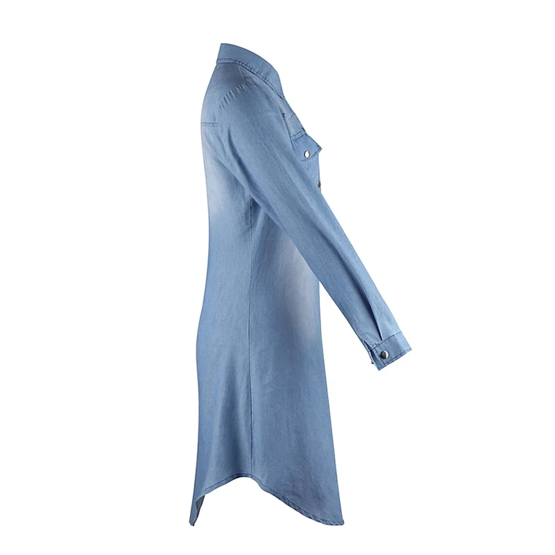 

Autumn Spring Long Sleeve Turn-down Loose Tops Mini Shirt Dress Blue Fashion Women Denim Dress