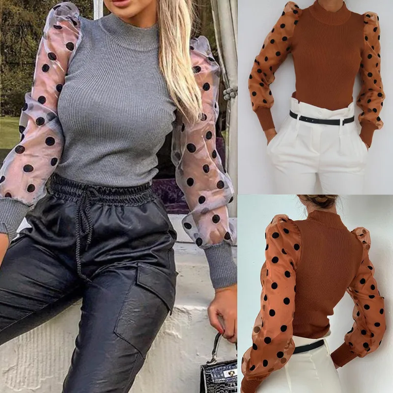 

hirigin Women Puff Mesh Sleeve Tops feamle fashion Sweater sweaters ladies Loose new Jumper polka dot Pullover Tops