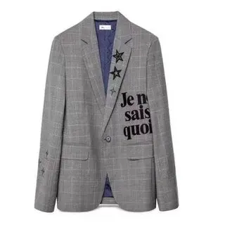 

Grey Check Jacket with Embroidered Letters on Chest Jackets for Women