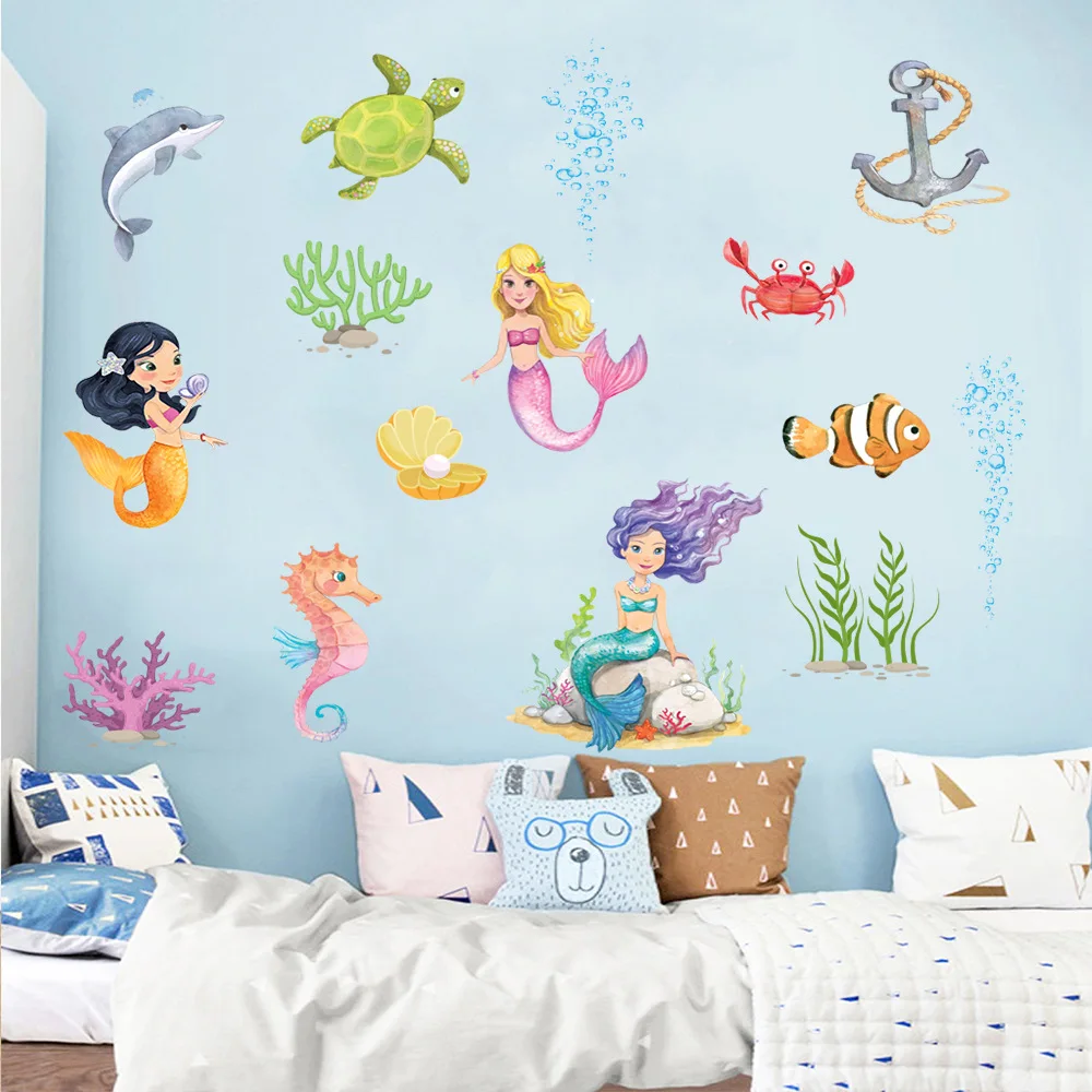 Underwater World Mermaid Coral Mural Living Room Bedroom Children's Decoration Painting wall stickers for kids rooms | Дом и сад