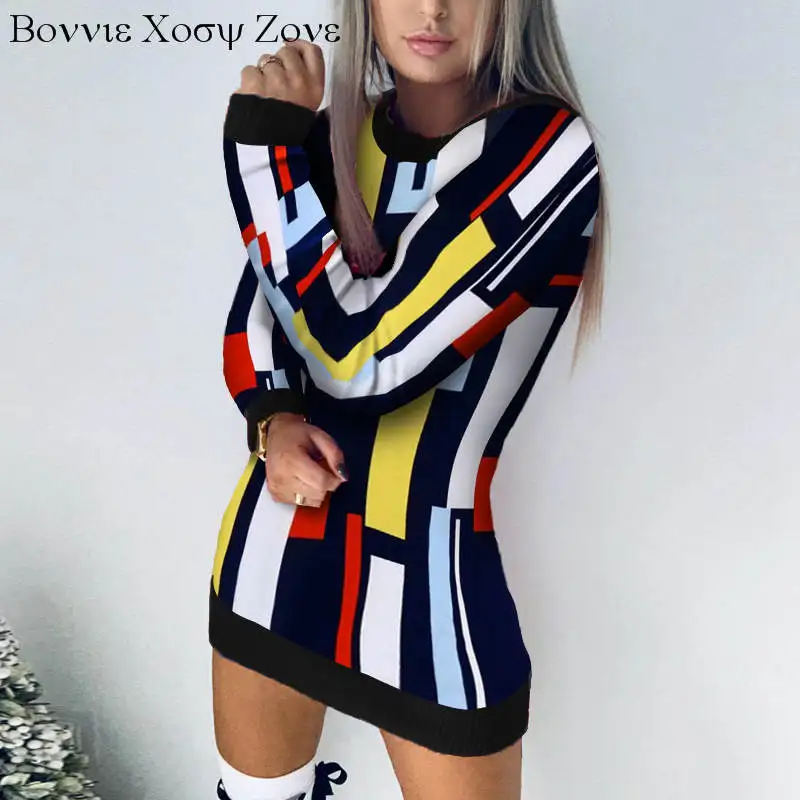 

Dress For Women 2022 Long Sleeve Autumn Colorblock Causal Mini Dress