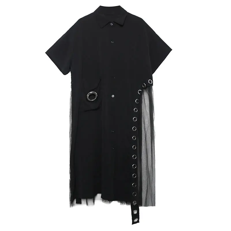 Женское Сетчатое платье XITAO черное Повседневное миди с отложным воротником и